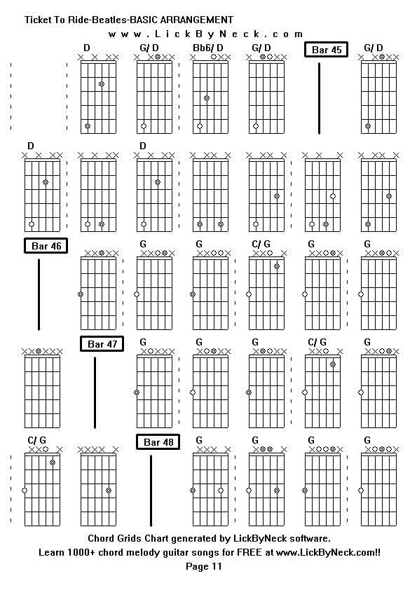 Chord Grids Chart of chord melody fingerstyle guitar song-Ticket To Ride-Beatles-BASIC ARRANGEMENT,generated by LickByNeck software.